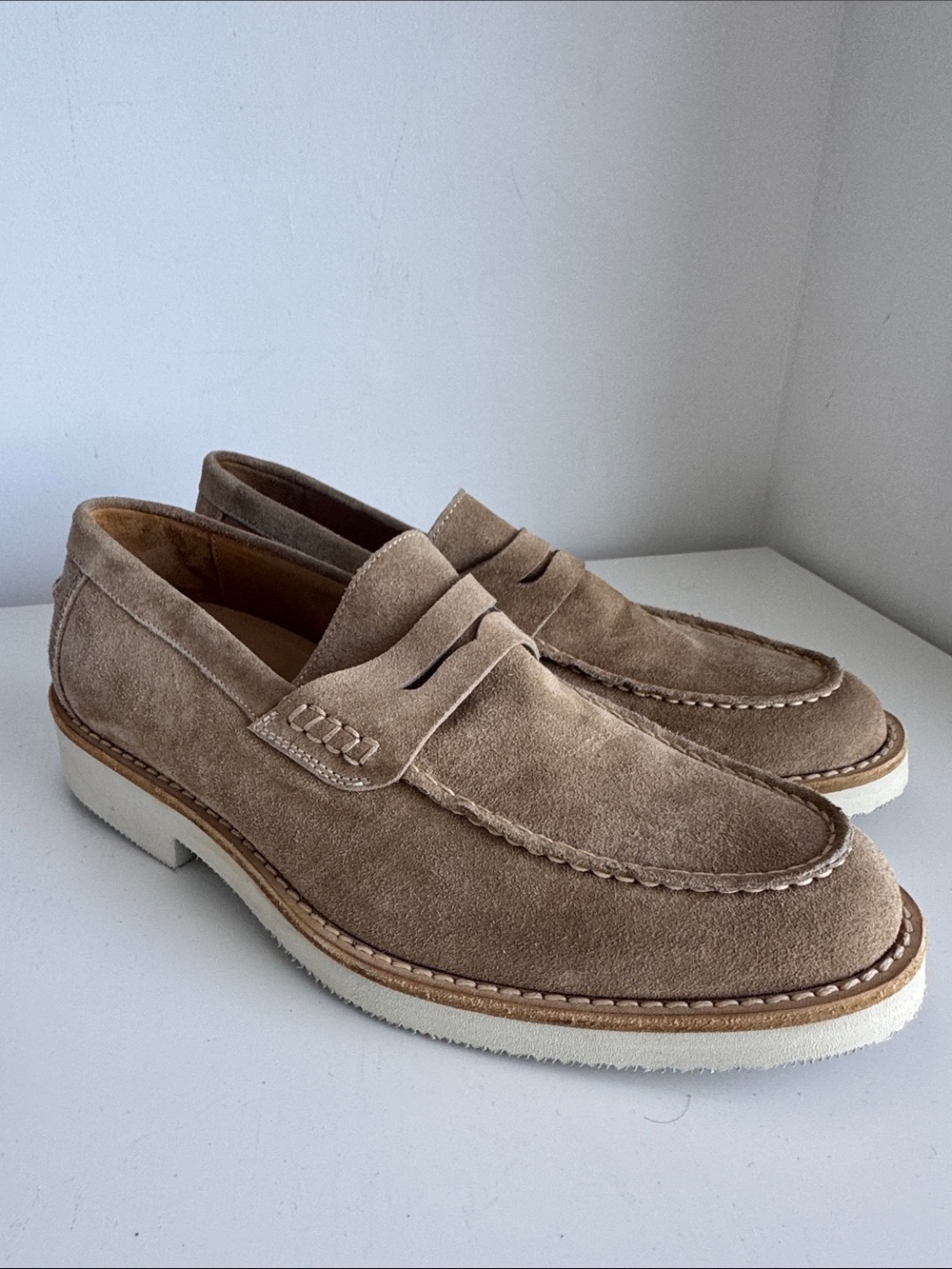 Italian Shoemakers Suede Penny Loafers in Taupe